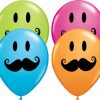 11" / 28cm Smile Face Mustache Asst Orange, Robin's Egg Blue, Wild Berry, & Lime Green Qualatex #60044-1