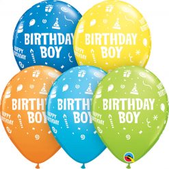 11" / 28cm Birthday Boy Asst of Lime Green, Yellow, Dark Blue, Orange, Robin's Egg Blue Qualatex #20265-1