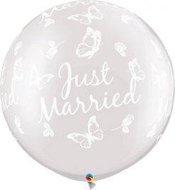 30" / 76cm Just Married Butterflies-A-Round Pearl White Qualatex #31562-1