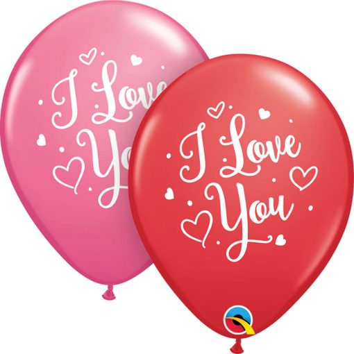 11" / 28cm I Love You Hearts Script Asst of Red, Rose Qualatex #57055-1