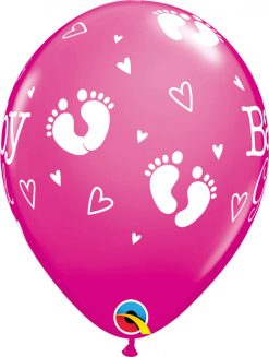 11" / 28cm Baby Boy Footprints & Hearts Wild Berry Qualatex #54165-1