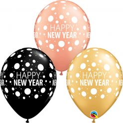 11" / 28cm Happy New Year Dots Asst of Gold, Onyx Black, Rose Gold Qualatex #80679-1